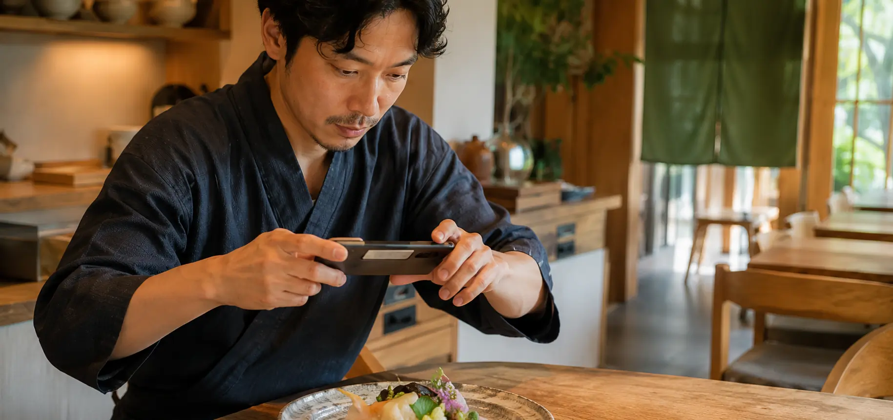 スマートフォンを活用して飲食店の情報を発信する様子