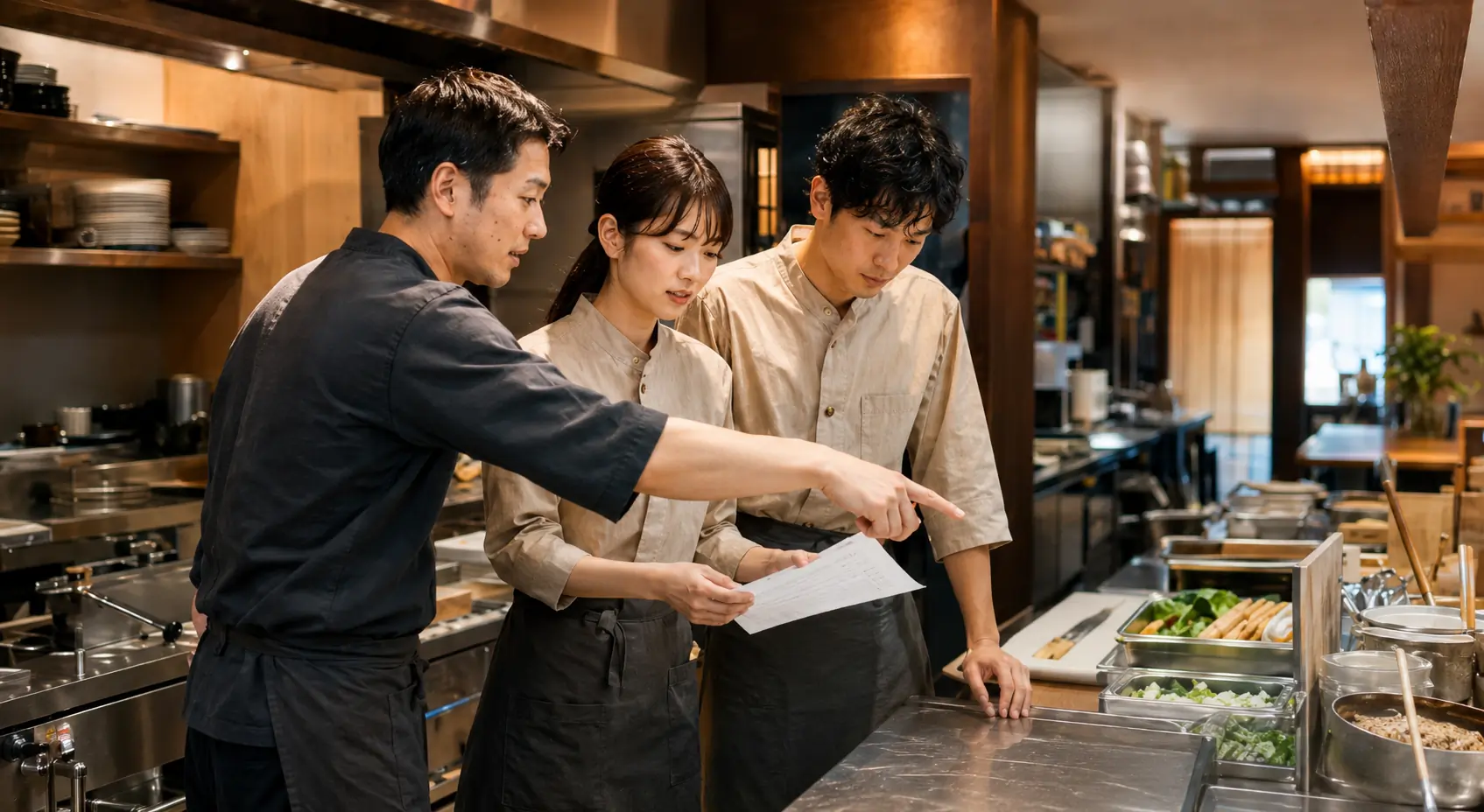 飲食店の現場で動線と仕組みを確認する様子